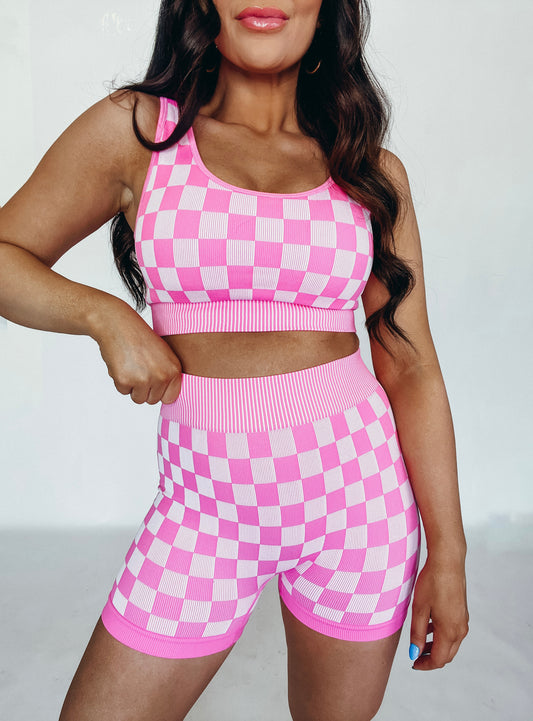 Checkmate Cropped Two Piece Set, Hot Pink